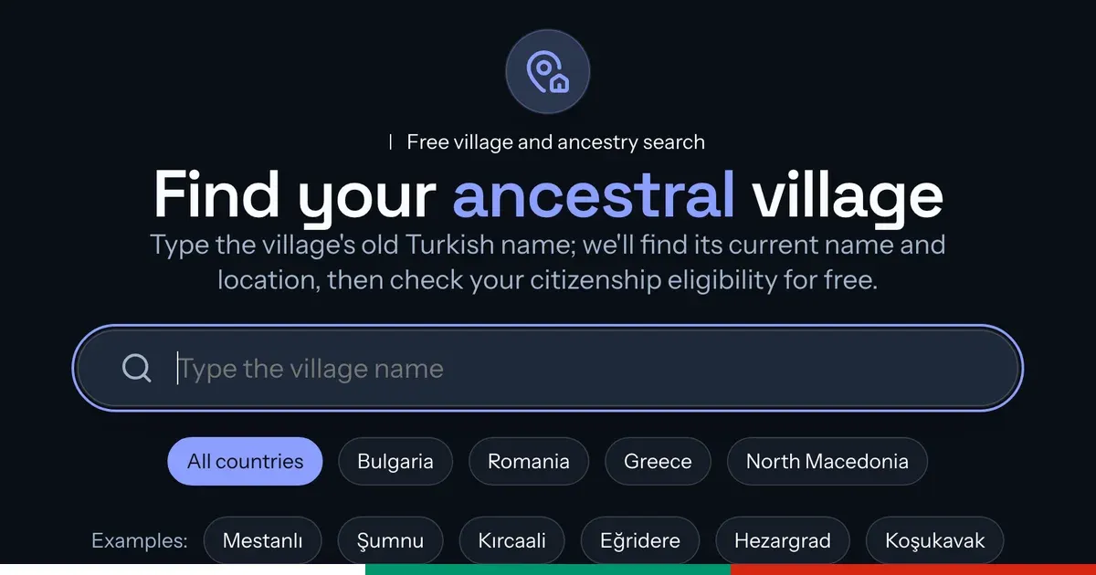 Screenshot of the ancestral village finder: the box for typing the old Turkish name of the village