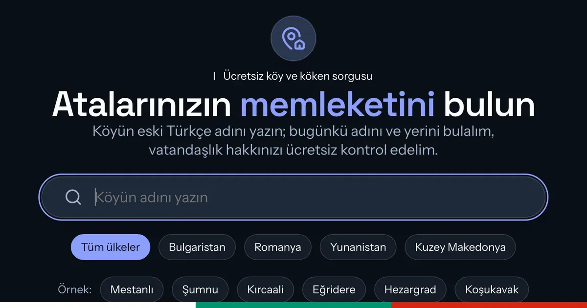 Atalarınızın memleketini bulun aracının ekran görüntüsü: köyün eski Türkçe adını yazma kutusu