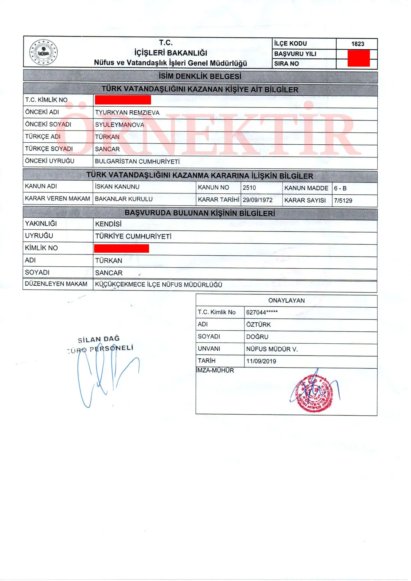 Name equivalence certificate